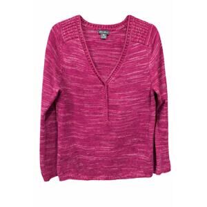 Eddie Bauer Petite Medium Vintage Heathered Pink Henley Sweater Cotton V Neck